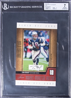 2003 Flair "Sweet Swatch Autographs" Gold #TB Tom Brady Signed Box Topper Card (#16/25) - BGS NM 7/BGS 10